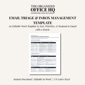 Könnte beinhalten: Eine bearbeitbare Word-Dokumentvorlage mit dem Titel Email Triage & Inbox Management Template von The Organized Office HQ. Das Dokument enthält ein System für Posteingangs-Labels und Ordner, eine Prioritätsmatrix und Antwortzeitstandards.