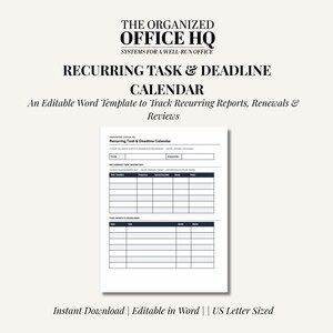 Recurring Task & Deadline Calendar for Executive Assistants | Editable Word Document