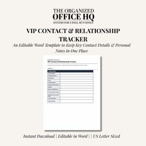 VIP Contact & Relationship Tracker for Executive Assistants | Editable Word Document