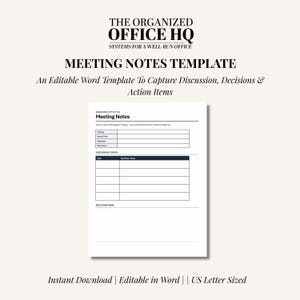 Meeting Notes Template | Editable Word Document for Assistants | Discussion, Decisions & Action Items | Instant Download