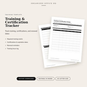 Puede incluir: Una plantilla de seguimiento de formación y certificación de Organized Office HQ. El documento incluye una matriz de formación requerida, campos para certificados y fechas de caducidad, recordatorios de renovación y un registro de horas.
