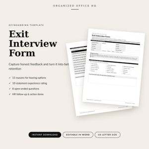 Könnte beinhalten: Eine Exit-Interview-Formularvorlage mit schwarzem Text auf weißem Papier. Das Dokument enthält Abschnitte für Interviewinformationen, Gründe für das Ausscheiden und Erfahrungsbewertungen. Es ist im US-Letter-Format und in Word bearbeitbar.