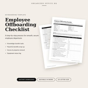 Könnte beinhalten: Eine Checkliste für das Offboarding von Mitarbeitern von Organized Office HQ. Das Dokument enthält Abschnitte für Trennungsdetails, Wissenstransfer und Gehaltsabrechnungen. Es handelt sich um ein mehrseitiges, bearbeitbares Dokument für Personalaustritte.