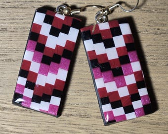 Checker pattern red, black and pink statement polymer clay earrings