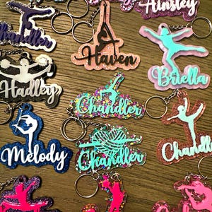 personalized gymnast, dancer, ice skater, cheerleader, Majorette, crochet,  acrylic keychain bag tags
