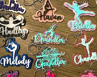 personalized gymnast, dancer, ice skater, cheerleader, Majorette, crochet,  acrylic keychain bag tags