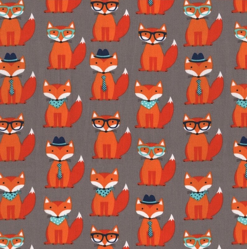 Puede incluir: Un patr&oacute;n repetido de zorros naranjas que llevan diferentes accesorios sobre un fondo gris. Algunos zorros llevan gafas, algunos llevan corbatas de lazo, algunos llevan pa&ntilde;uelos y algunos llevan sombreros.