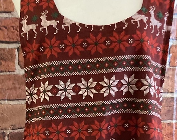Reversible Christmas Apron: Faux Cross Stitch Reindeer, Red Black Plaid (1x-2x)