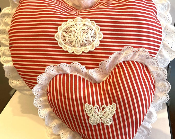 RED & WHITE STRIPED Heart Pillows for Valentine Day or All Year
