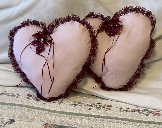 HEART PILLOWS in pink or purple fabric for Valentine's Day