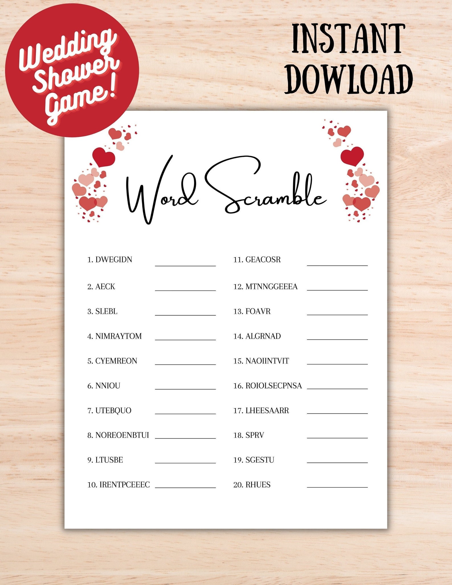Wedding Shower Word Scramble Game, Valentines Day Theme, Bridal Shower ...
