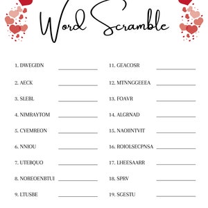 Wedding Shower Word Scramble Game, Valentines Day Theme, Bridal Shower ...