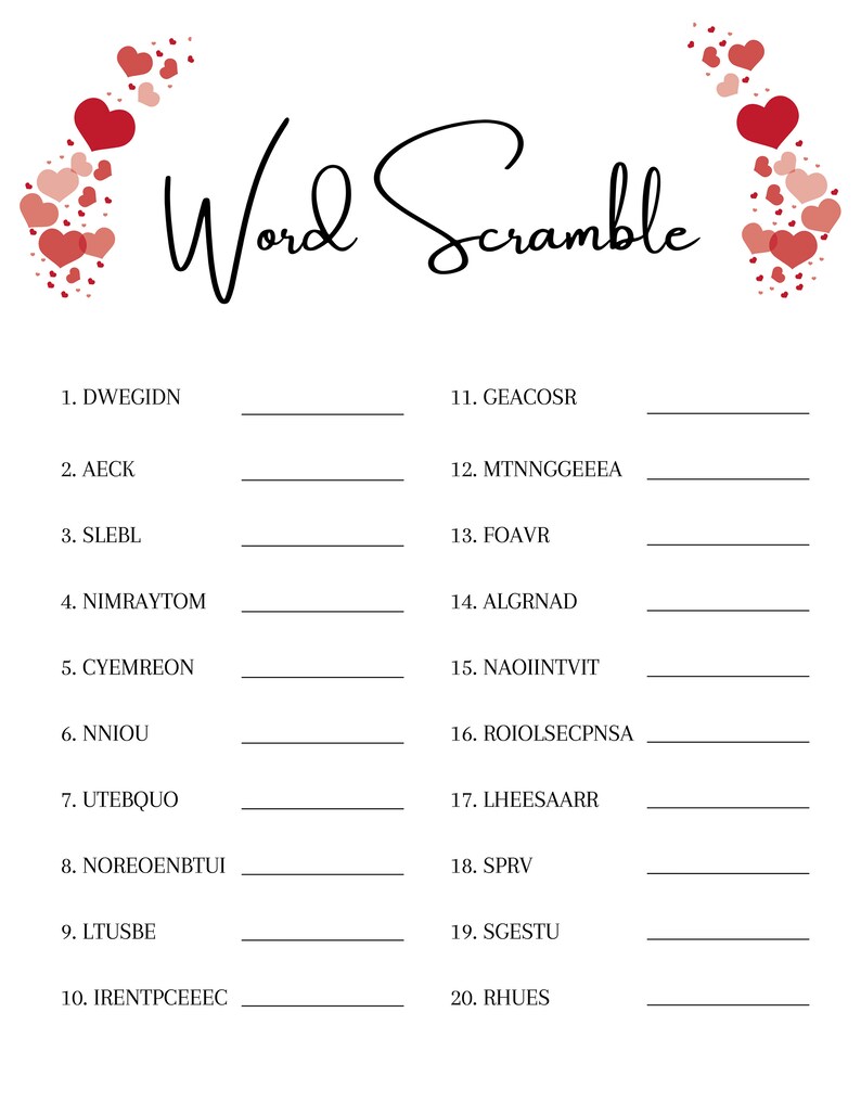 Wedding Shower Word Scramble Game, Valentines Day Theme, Bridal Shower ...