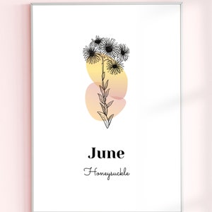 June Honeysuckle Flower of the Month Wall Art, Minimalist Printable Wall Art, Downloadable