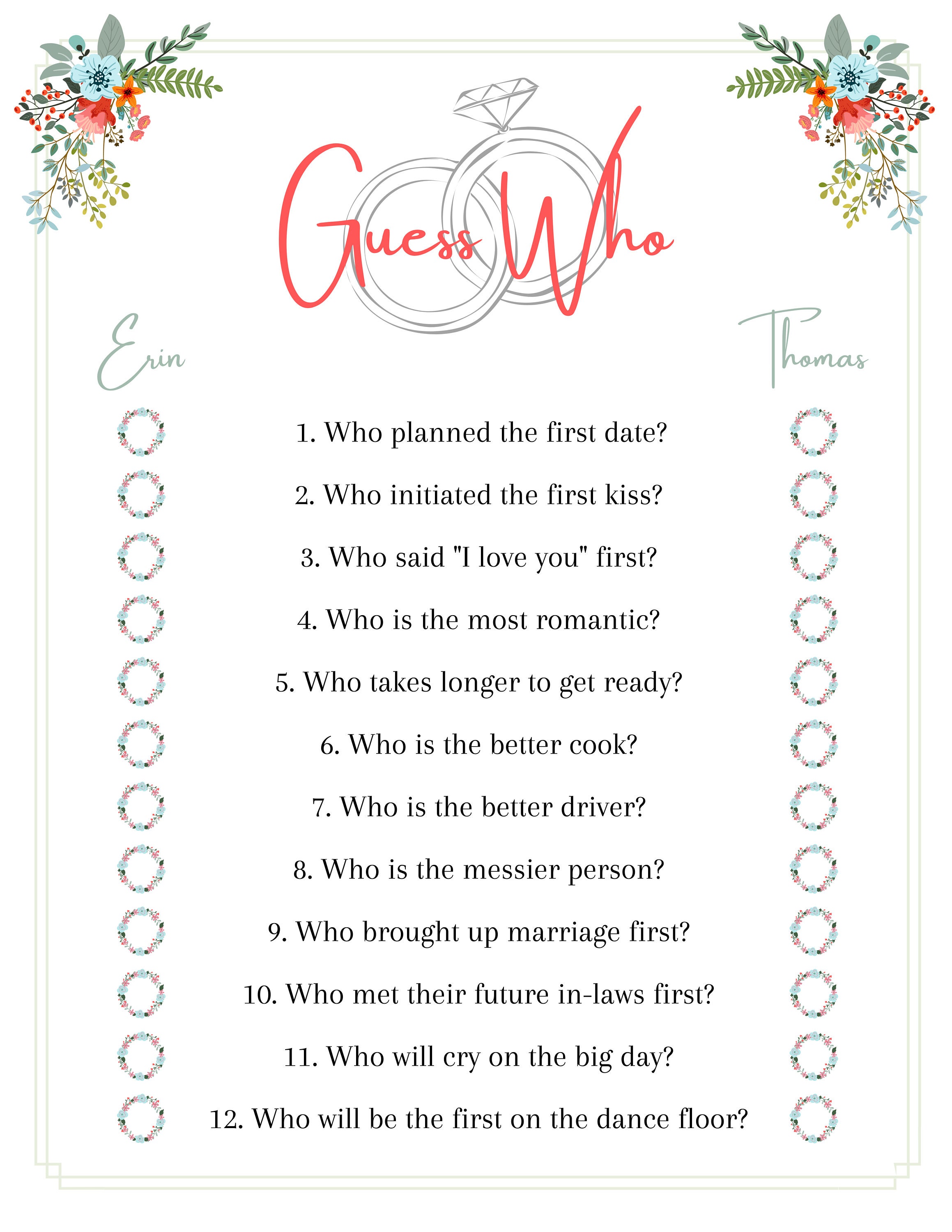 Custom Name Guess Who Wedding Shower Game Bridal Shower Etsy