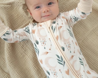 Bambus Baby Pyjama: Zip-Up Baby Strampler, Boho Langarm Schlafanzug
