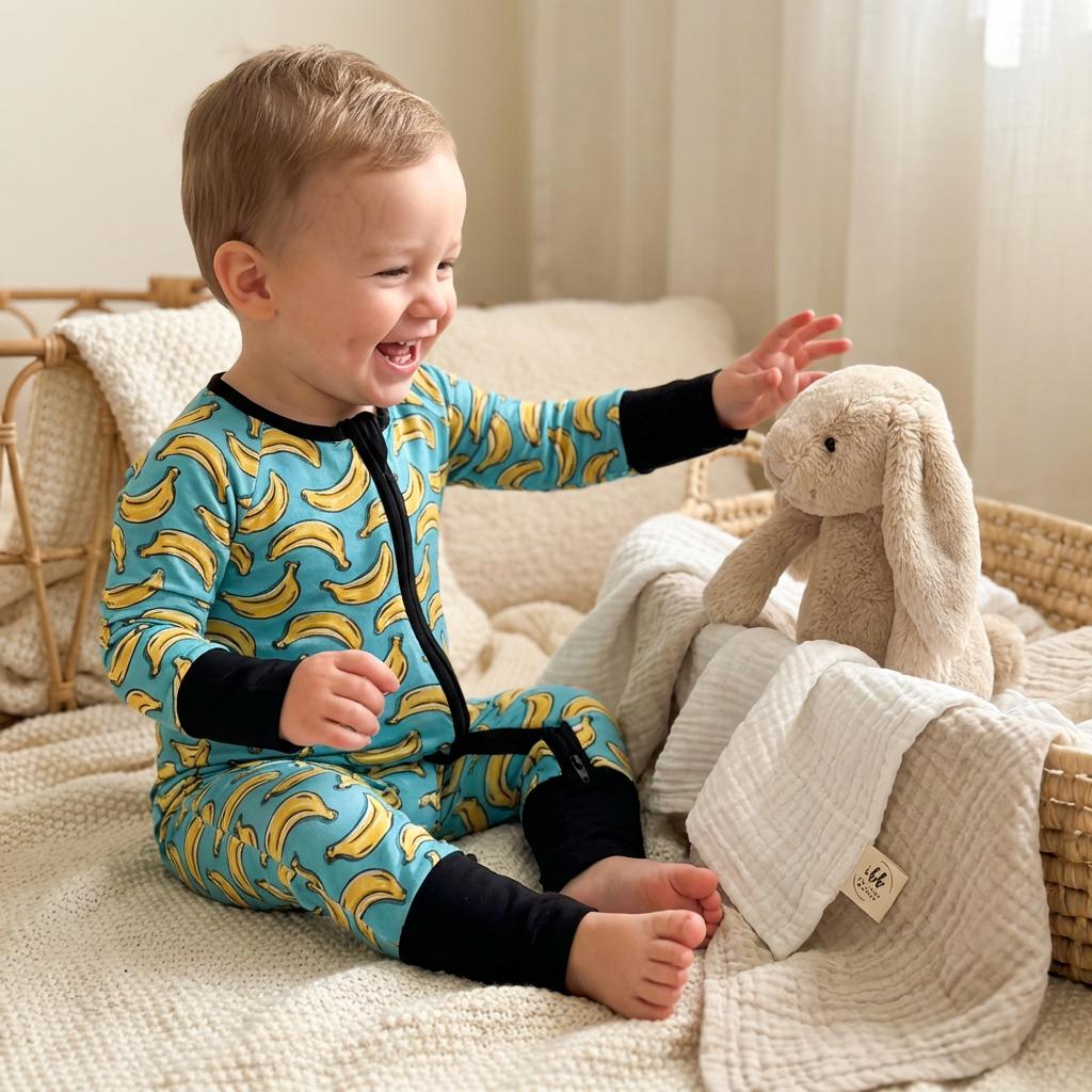 Bamboo Baby Pajamas: Banana Zip-up Baby Romper, Dirt Bike Long
