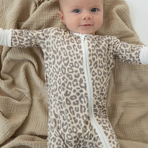 Bamboo Baby Pajamas Leopard - Breathable Toddler Romper - Hypoallergenic - Grow with Me Sleeper - Sustainable Baby Clothing - Zipper Footie