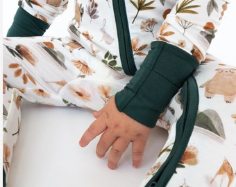 Bambus Baby Pyjama: Zip-Up Baby Strampler, Woodland Langarm Schlafanzug
