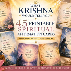 Puede incluir: Un conjunto de 45 tarjetas de afirmación espiritual imprimibles con citas inspiradoras. Las tarjetas presentan ilustraciones en acuarela y texto, con el título "What Krishna Would Tell You". Inspirado en la sabiduría atemporal de la Gita.