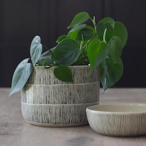 Handmade Ceramic Planter: Modern Black Hand-painted Stripe Design