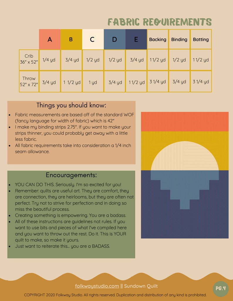 May include: A chart showing fabric requirements for a crib and throw quilt. The chart lists the fabric needed for the backing, binding, and batting. The chart also includes a section with tips and encouragement for quilters.