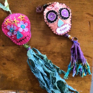 Boho hanging organic lavender sachet.  Day of the Dead design/ party gift/Hand stitched wall art. Mexican folk art. Lovely gift, great aroma