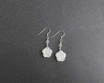 White Rose Earrings- Flower Earrings-GiftsforMom- Mother of Pearl- Shell- Hawaii- Sterling Silver- Silver- Dangle Earrings-