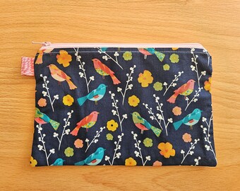 Bird Pouch- Sewn Pouch-Zippered Pouch- Giftsforher- Gifts for Girls- Teacher's Gift- Makeup Pouch- Cosmetic Bag - Coin Purse