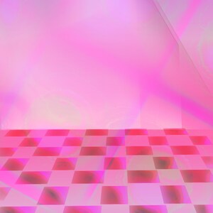 May include: A pink and white checkered floor with a blurred pink background.