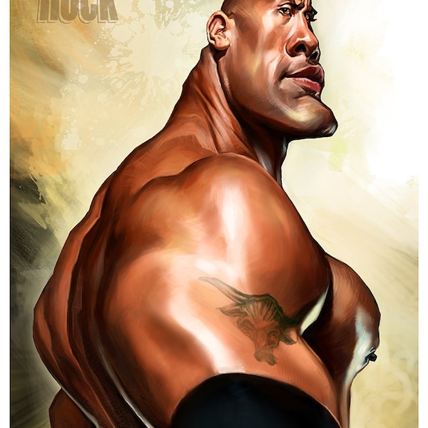 The Rock Dwayne Johnson digital caricature wrestling champion actor Hollywood home decor poster man's den picture art