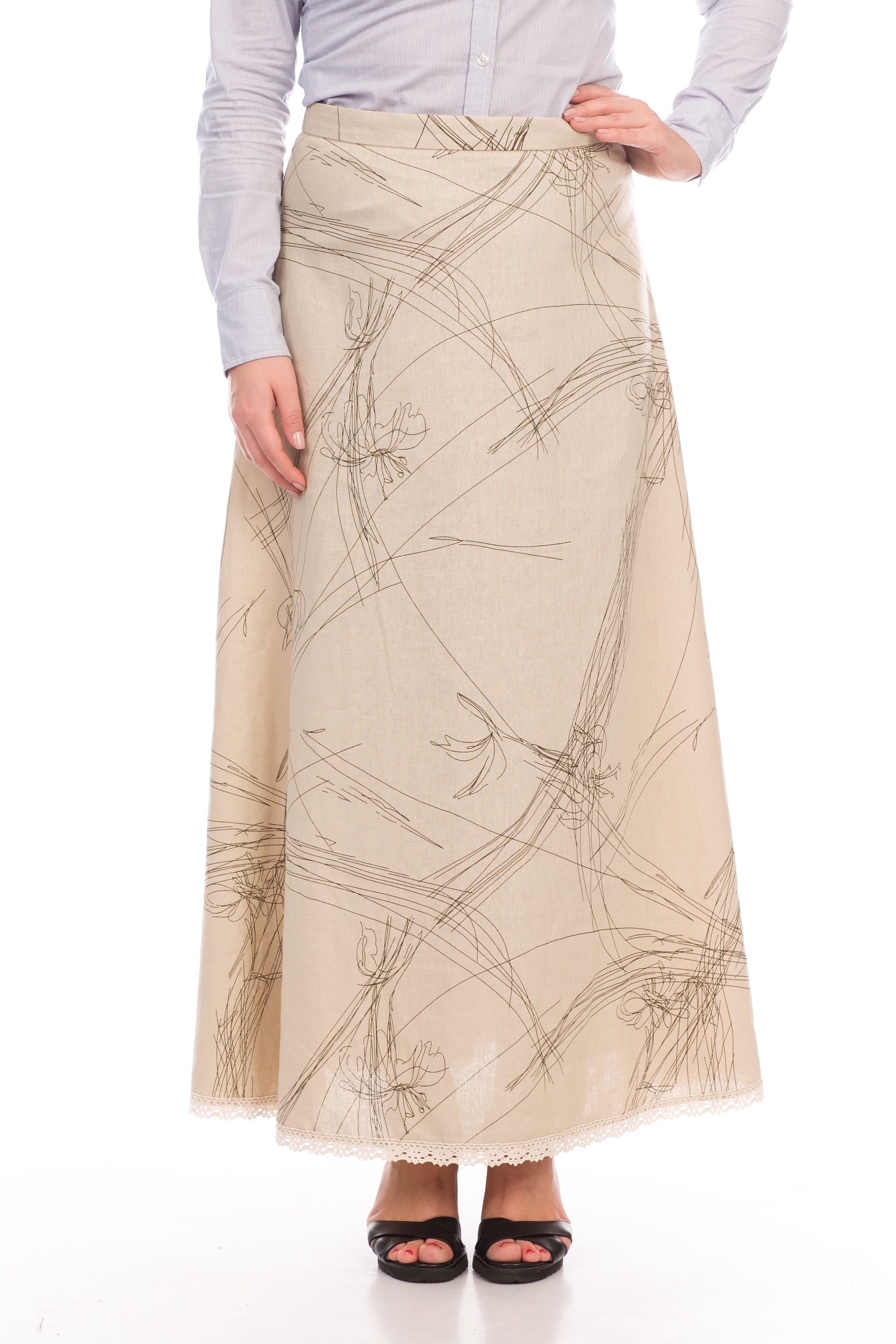 Falda larga de lino de color gris con encaje de algodón en el Etsy