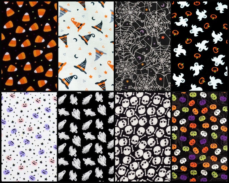 K&ouml;nnte beinhalten: Ein Set mit zehn verschiedenen Halloween-Stoffdrucken. Die Drucke zeigen verschiedene Halloween-Themen, darunter Candy Corn, Hexenh&uuml;te, Spinnweben, Geister, Sch&auml;del und Knochen sowie K&uuml;rbisse. Die Drucke sind alle auf einem schwarzen oder wei&szlig;en Hintergrund.