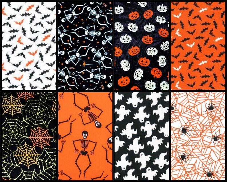 K&ouml;nnte beinhalten: Eine Collage aus acht verschiedenen Halloween-Stoffdrucken. Die Drucke zeigen Flederm&auml;use, Skelette, K&uuml;rbisse, Geister und Spinnweben in Schwarz, Orange und Wei&szlig;.