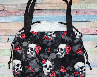 Nerditotes Skull & Rose Insulated Drawstring Lunch Tote Bag