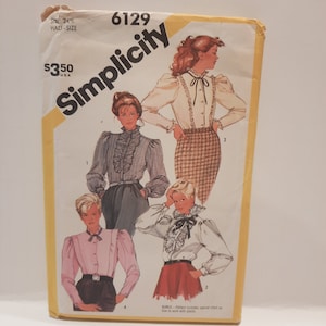 Vintage 80s Sewing Pattern Simplicity 6129 Uncut Size 24.5 Misses Plus Blouse Ruffle Front Puff Sleeve
