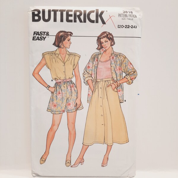 Vintage 80s Sewing Pattern Butterick 3818 Uncut Size 20 22 24 Misses Plus Loose Fitting Shirt Button Front Skirt Shorts