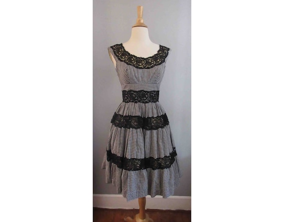 50s Black and White Gingham Dress with Black Lace