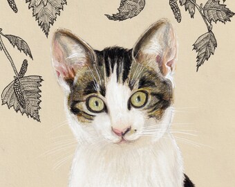 May include: A close-up portrait of a white and tabby cat with green eyes. The cat is looking directly at the viewer. The background is a light beige with black and white drawings of leaves and branches.