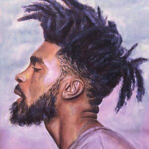 May include: A painting of a man with dreadlocks, a beard, and a closed eye. He is wearing a light purple shirt and a silver chain. The background is a light purple and blue sky.