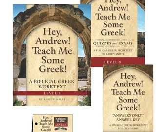 Greek 8, Short Set, Homeschool Curriculum, Christian, koine, Hey Andrew, answer booklet, classical, biblical, activity pages, teen, adult