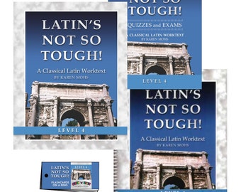May include: A set of four books titled "Latin's Not So Tough!"  The books are a classical Latin worktext, a quiz and exam book, an answer key, and a set of flashcards. The books feature a blue background with an image of an archway.