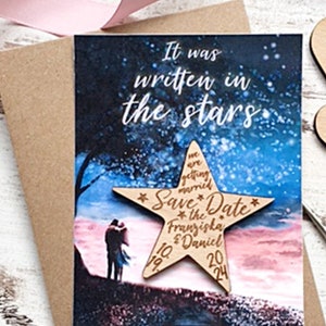 It&#39;s written in the stars Save The Date Magnet, Wedding Invitations, Save THe Date Cards, Wooden Wedding, Summer Wedding Invite, Star Magnet