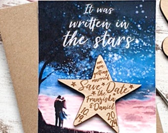 It's written in the stars Save The Date Magnet, Wedding Invitations, Save THe Date Cards, Wooden Wedding, Summer Wedding Invite, Star Magnet