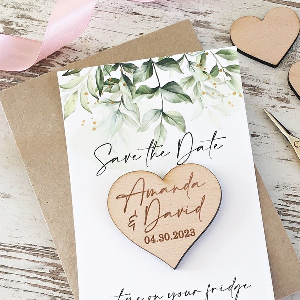 Save The Date Wedding Magnet, Wooden Magnet, Wooden Wedding Invitations, Save The Date Heart Magnets, Unique Save The Date, Greenery Invite