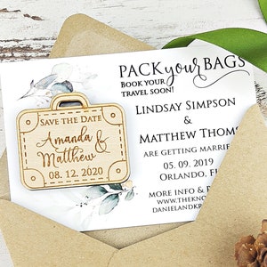 Magnete salva-data per valigia, matrimonio tropicale, salva-data sulla spiaggia, matrimonio di destinazione, magnete per matrimonio valigia in legno, fai le valigie