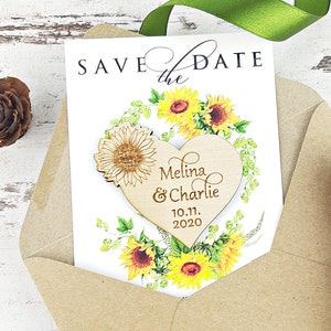 Enregistrer l’aimant de tournesol de date, aimant de mariage en bois, mariage de tournesol, aimant de tournesol, tournesol enregistrer la carte de date avec aimant en bois
