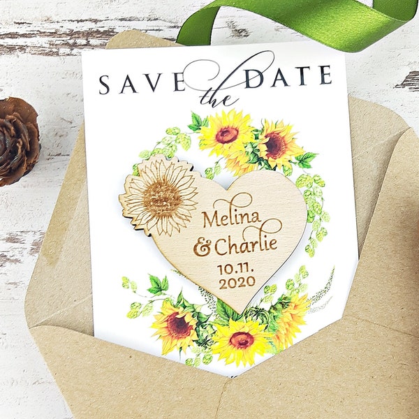 Save the Date Sunflower Magnet, Wooden Wedding Magnet, Sunflower Wedding, Sunflower Magnet, Sunflower Save the Date Card with Wood Magnet