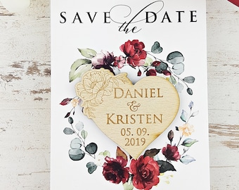 Heart Save-the-Date Magnet with Burgundy Floral Card, Marsala, Rustic Red, Greenery Save the Date, Winter Save The Date Card