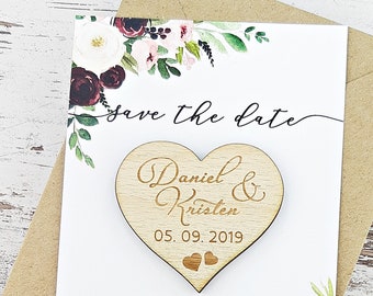 Boho Burgundy Save the Date Wood Magnet Wedding